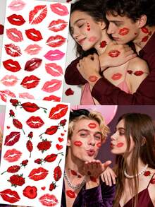 2 Valentine's Day Party Temporary Tattoos Lips Red Lips Rose Love Body Hand Face Sweetheart Tattoo Stickers Valentine's Day Wedding Stickers Supplies - Red - View 2