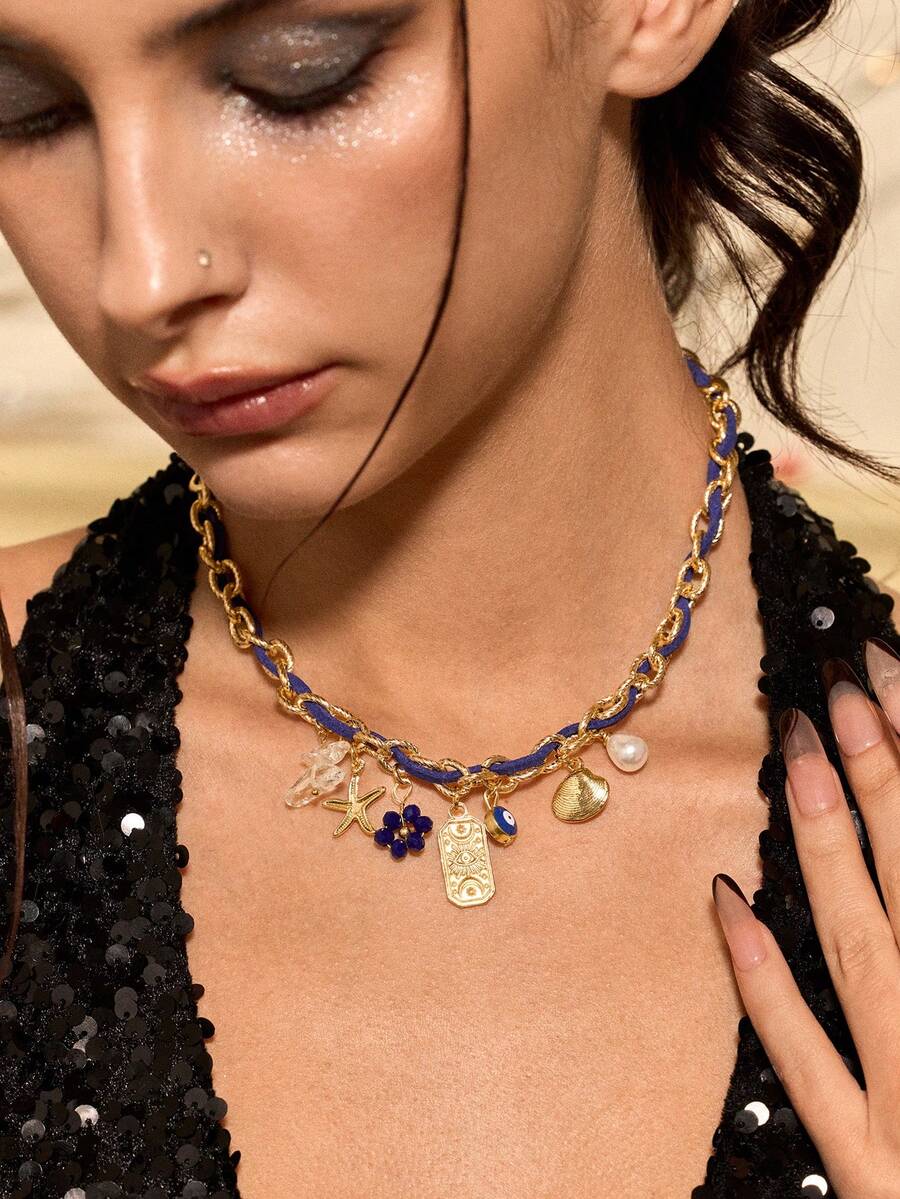 Glisma 1pc European & American Luxury Flower, Heart, Starfish, Evil Eye Pendant Handmade Necklace, Versatile For Daily Wear, Vacation, Gift - Multicolor - View 1