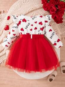 女婴情人节爱心印花网纱拼接连衣裙，配腰带 - 紅色 - 查看 2