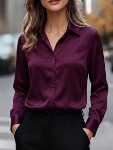 女款純色緞面襯衫，領口鈕扣式商務休閒上衣，優雅辦公與日常穿著，春夏秋冬四季適用 - 中紫紅色 - 查看 5