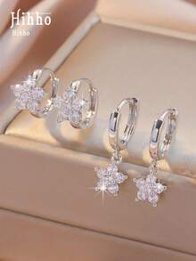 Hihho 6 件闪亮 Cz 宝石镶嵌花朵吊坠耳环和环形耳环套装，奢华珠宝礼物情人节、妈妈、母亲、母亲节、礼物