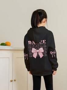 1件少女休闲印花套头卫衣，保暖内衬，长袖，秋冬季学生青少年服装 - 黑色 - 查看 2