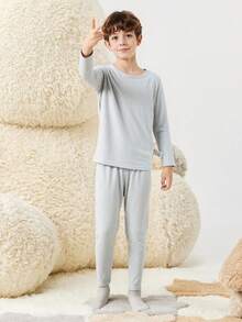 Balabala Children's Cotton Thermal Underwear Set, Soft Breathable Long Sleeve Top And Pants, Comfortable Base Layer Pajamas - Light Gray - View 3