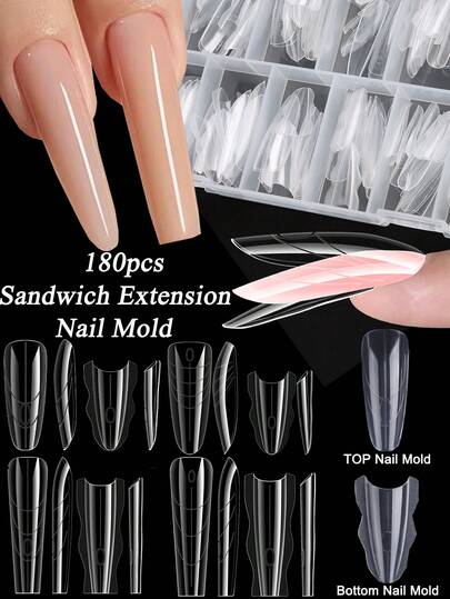180pcs Professional Double-Sided Nail Extension Mold - Acrylic Nail Tips, Includes 15 Sizes Of Oval/Coffin Shapes, Quick Extension Press-On Nails - Easy To Shape, Suitable For Nail Salons And DIY Nail Kits