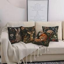 4 Packungen Kissen-Bezüge im Waldmotiv - 45 x 45 cm, 2D Digital-Beidseitiger Druck, Hirsch/Fuchs/Hase/Igel Designs, Vintage Polyester Dekoration für Wohnzimmer & Büro, mit Reißverschluss und maschinenwaschbar, ohne Füllungen enthalten