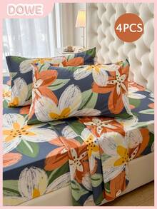 4件套100%涤纶印花床上用品套装（2个枕套+1个床单+1个床笠），现代涤纶床上用品套装，四季皆宜 - 彩色 - 查看 1