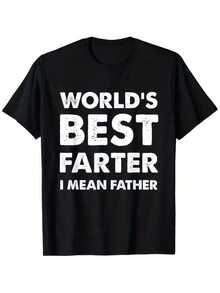 Camiseta Casual Negra de Manga Corta para Hombre con Impresión Humorística 'El Mejor Farter del Mundo, Quiero decir Padre' - Camiseta de Verano Transpirable de Ajuste Regular con Cuello Redondo Regalo divertido lavable en máquina para papá. Camisetas del Día del Padre. Diseño de texto lúdico. Mangas rectas cómodas - Negro - Ver 7