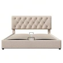 (=798075AAN) Hydraulic Double Upholstered Bed 160x200cm, Adjustable Headboard, Bed With Slatted Base Made Of Metal Frame, Modern Bed Frame With Storage Space, Natural, Mattress Included - Beige - View 2