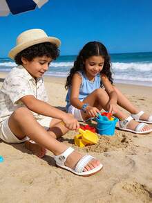 1 Pair Girls' Shiny Striped Rhinestone Buckle Soft Bottom Open Toe Lace-Up Casual Sandals, Suitable For Summer Beach/Family Outings - White - View 10