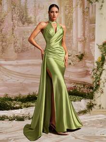 VIPGIRL Robe de soirée longue en satin vert olive, dos nu avec fines bretelles, design creux à l'avant, jupe drapée avec fente haute, style déesse, tenue de cérémonie de luxe pour femme, look tapis rouge, robe de festival du printemps Eid