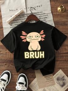 男童休闲印花圆领短袖T恤，夏季上衣 - 黑色 - 查看 4