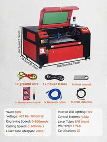 60W CO2 Laser Engraver With Bracket, 24 X 15 In, 23.6 IPS Laser Cutter Machine With 2-Way Pass Air Assist, Compatible With LightBurn, CorelDRAW, AutoCAD, Windows, Linux, For Wood Acrylic Fabric More - 60W - View 6