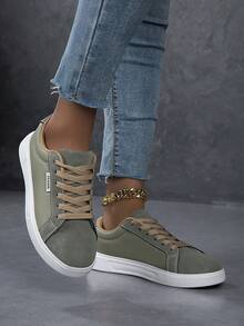 女士休闲运动鞋，时尚街头风白色鞋，轻便滑板鞋 - 軍綠色 - 查看 5