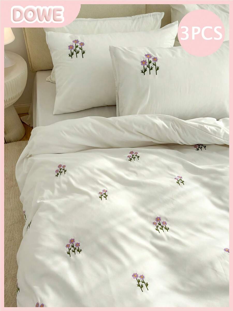 3件套100%涤纶花卉刺绣被套组（1个被套和2个枕套），现代涤纶床上用品套装，四季皆宜