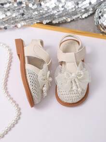 儿童时尚百搭镂空休闲凉鞋，女童蝴蝶结可爱幼儿凉鞋，包头公主凉鞋 - 米色 - 查看 3