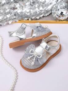 儿童时尚百搭镂空休闲凉鞋，女童蝴蝶结可爱幼儿凉鞋，包头公主凉鞋 - 銀色 - 查看 4
