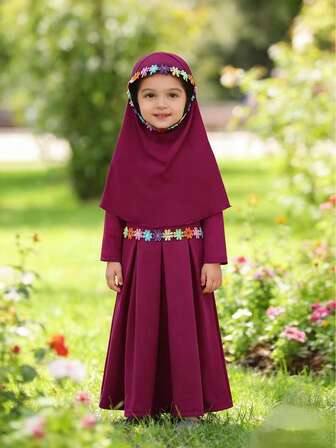 年轻女孩两件套穆斯林长袖纯色连衣裙+头巾套装