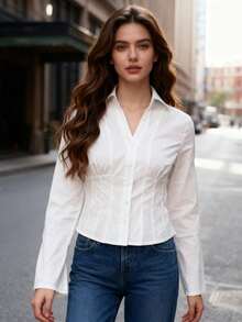 Womens Button Down Shirts Long Sleeve Lapel Collar Cinched Waist Tops Spring Fall Blouse - 白色 - 查看 4