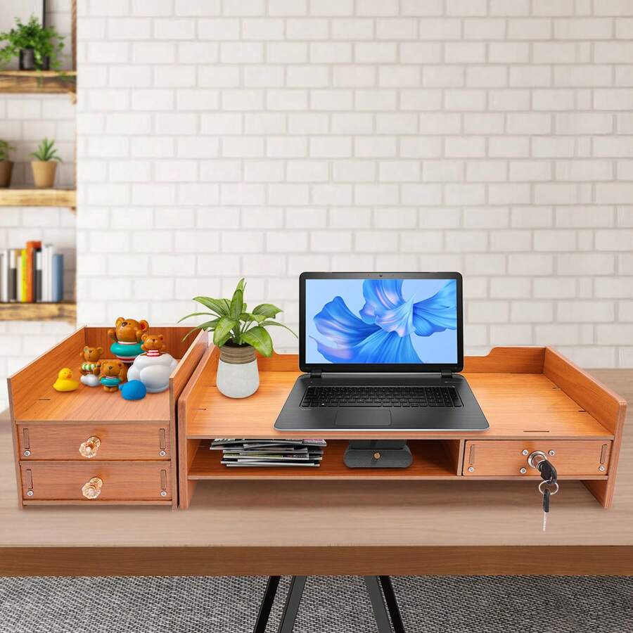 HaroldDol Monitor Stand With 3 Drawers, 2 Tiers Laptop Computer Monitor Riser For PC Screen, Desktop Wooden Screen Monitor Stand Riser With Storage Organizer For Home Office The Best Gift/Present For Family&Friends Happy Christmas - 木製的 - 查看 1