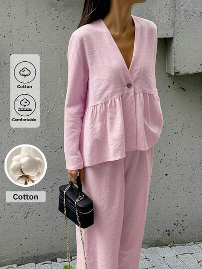 Look Polly Women's 2-Piece Casual Everyday Matching Set, Single-Breasted Long Sleeve Pink Top Paired With Straight Wide-Leg Pants, Suitable For Valentine's Day Date Night, Carnival Parties, And Beach Vacation