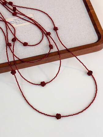1pc Fashion Autumn/Winter Red Rose Long Beaded Necklace, Layered Wear Sweater Chain, Elegant Niche Luxury