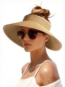 Women's Wide Brim Straw Sun Hat, Foldable Soft Beach Hat With Ponytail Hole Vacation Outfits - Multicolor - View 3