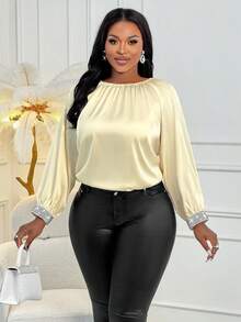 2025 Autumn And Winter Plus Size Cuff Bead Round Neck Shirt, Daily Wear For Parties And Outings - Beige - View 7