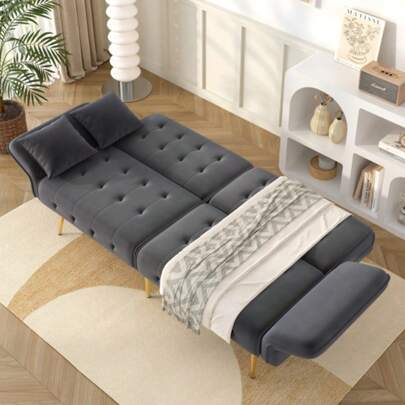 Zweisitzer-Multifunktions-Sofabett Mit Bettfunktion, Verstellbarer Rückenlehne + More Armlehnen. Modern Faltsofabett Für Wohnzimmer - Veloursbezug. Grosszügiger Schlafbereich