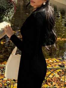 Yuwenier Elegant V-Neckline Long Sleeve Slim-Fit Rib-Knit Gray Long Knit Sweater Dress Button Front Regular Hem Autumn/Winter For Everyday Casual Wear - Black - View 3