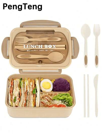 1 pieza Caja bento para adultos de 1200ml, caja de almuerzo sellada con 3 compartimentos y utensilios, disponible en rosa/azul/caqui/verde, adecuada como regalo de Navidad o útiles escolares