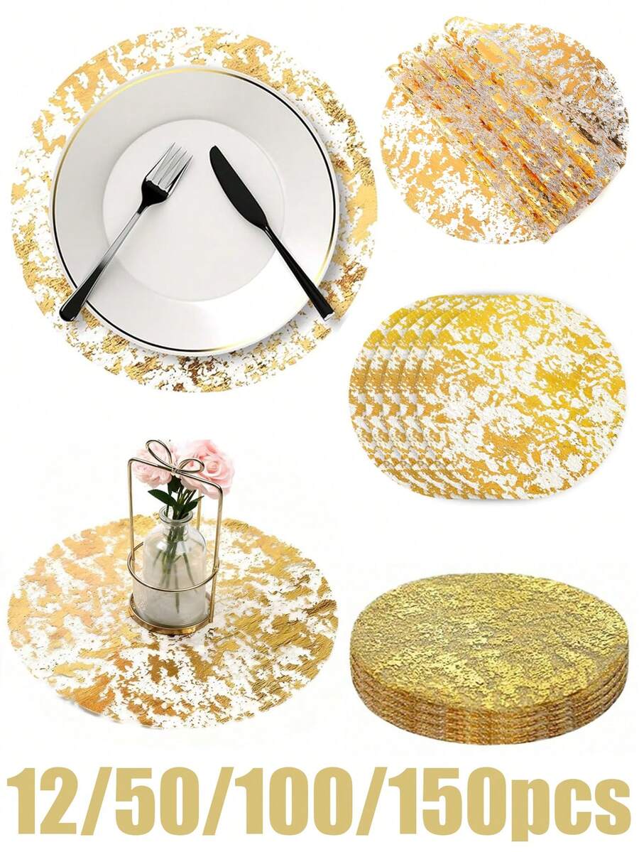 50/100/150 Disposable Gold Placemats, 13 "Glitter Metal Mesh Round Placemats, Gold Foil Mesh Doilies, Table, Wedding, Birthday Party Decorative Gold Doilies - Multicolor - View 1