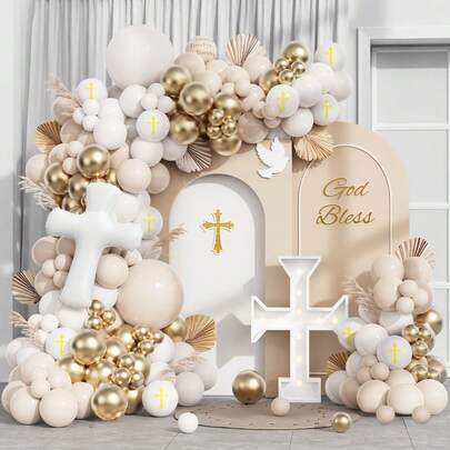 146pcs Baptism Theme Party Decorations Balloons Kit, White Sand Gold Matte Neutral Nude Balloons Arch For First Holy Communion Decorations God Bless Christening Party Birthday Supplies