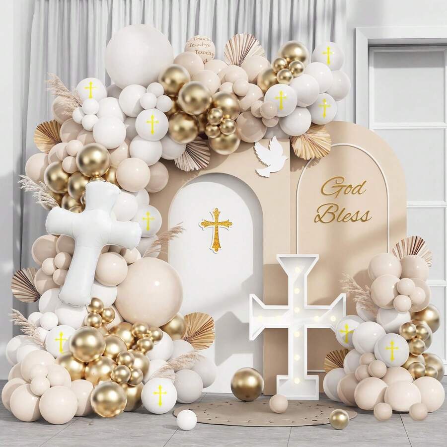 146pcs Baptism Theme Party Decorations Balloons Kit, White Sand Gold Matte Neutral Nude Balloons Arch For First Holy Communion Decorations God Bless Christening Party Birthday Supplies - 彩色 - 查看 1
