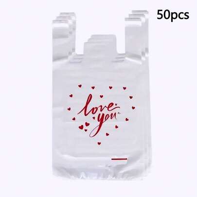 50pcs White "Heart" T-Shirt Bags - Reusable And Disposable Plastic Grocery Bags With "Heart" Design, For Retail, Merchandise And Supermarket Use, Boutique Bags | Printed T-Shirt | Durable Plastic