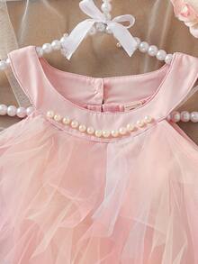 年轻女孩时尚可爱高品质珍珠项链网眼无袖甜美连衣裙 - 粉色 - 查看 4