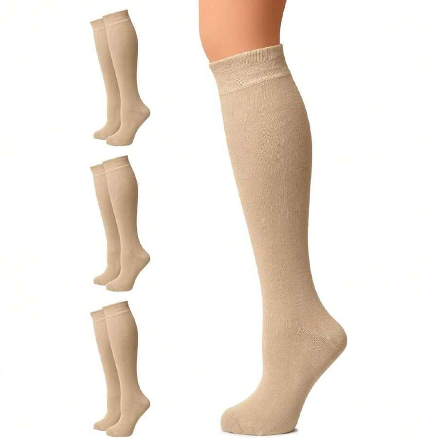 Women's Cotton Knee High Socks, Long Tube Dress Socks | Soft, Lightweight & Stretchy | Shoe Size: 5-8/8-11, 3 Pairs,36065484 - 米色 - 查看 1