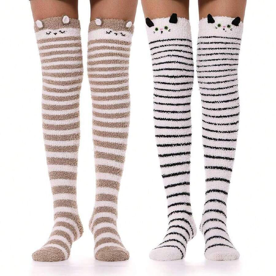 Womens Thigh High Fuzzy Socks Warm Winter Over Knee High Long Striped Fluffy Cozy Fleece Socks 2 Pairs,36067903 - 黑色 - 查看 1