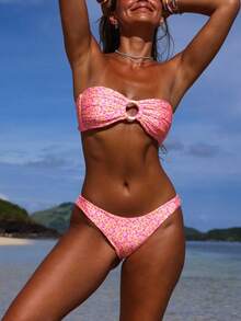 Women 2 Pieces Bikini Swimsuits Floral Print Padded Bra Strapless Tube Tops Thong Bottoms Beach Bathing Suit Set - 藕粉色 - 查看 2