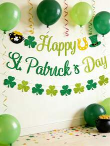 9.84ft Shiny St. Patrick's Day Happy Banner, Shamrock Banner, St. Patrick's Day Banner, St. Patrick's Day Shamrock Wreath Decor, Suitable For Irish Luck Day Decoration, Party Decor, Home Decor