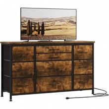 Mueble de TV 10 cajones de tela con estantes abiertos, tablero de madera para sala de estar y dormitorio. - Marrón - Ver 6