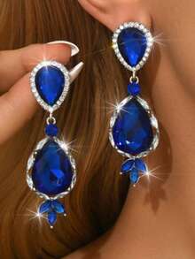 Women's Silver-Tone Red Teardrop Rhinestone Long Drop Earrings - Evening Party Statement Jewelry - MS384 - View 15