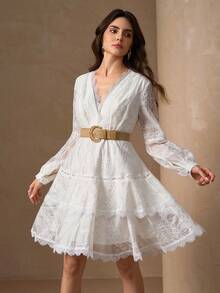 优雅V领荷叶边拼接长袖奢华连衣裙，白色，春季款，女士款 - 白色 - 查看 5