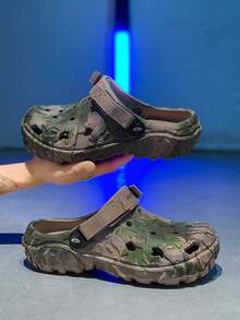 男士镂空套脚凉鞋，棕榈树图案，包头设计，加厚EVA软底，透气防滑，宽松两穿，适合户外、海滩、通勤等多种场合，卡其绿色，夏季拖鞋 - 卡其色 - 查看 12