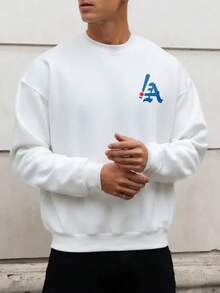 Moletom Masculino Casual de Rua com Estampa Gráfica de Slogan em Inglês LA, Gola Careca