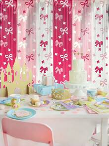 情人节蝴蝶结和心形图案装饰窗帘 - 粉色、红色和白色箔纸背景窗帘，防水可重复使用，带丝带图案的派对装饰窗帘，易于安装的悬挂式背景窗帘，适合情人节派对 - 彩色 - 查看 3