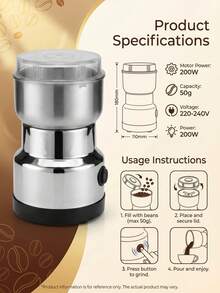 200W Molinillo de café y especias de acero inoxidable, eléctrico con enchufe, diseño compacto, operación con un solo toque, adecuado para la cocina del hogar - Tipo de Enchufe A Japonés (100V) - Ver 5