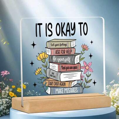 1件装励志亚克力桌面装饰牌 - 带木质展示架的激励桌面牌，积极向上的办公室和家居装饰，适合房间装饰，生日礼物