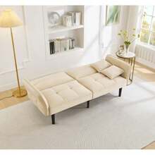 Sofá cama ajustable 2 en 1: dos plazas con tapizado de terciopelo, reposabrazos plegables y función para dormir, ideal para espacios pequeños - Beis - Ver 6