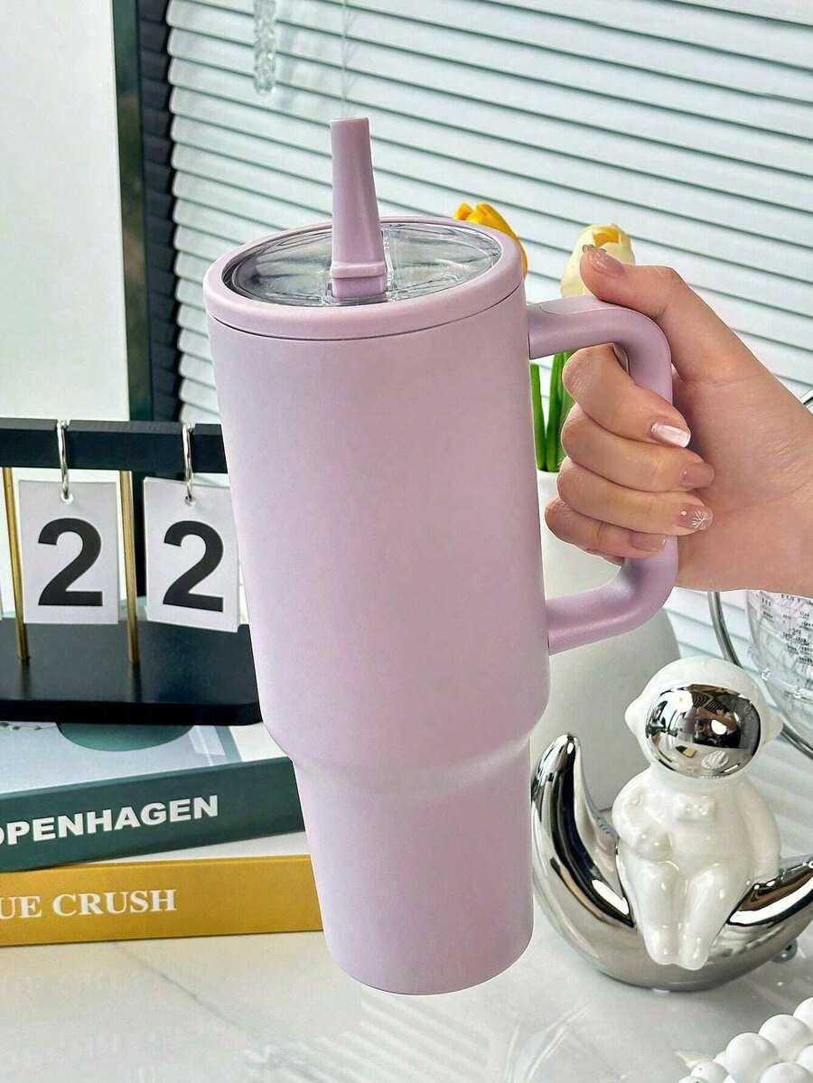 1pc 40oz Stainless Steel Tumbler With Handle And Foldable Straw, Double-Wall Vacuum Insulated Mug For Hot & Cold Drinks, Minimalist Travel Cup - Màu Lilac Tím - Xem 1