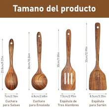 R's Juego de 4 Utensilios de Cocina de Madera de Teca Cucharas de Madera con Gancho Wooden Utencilios de Cocina Palas de Cocina para Uso Doméstico Restaurantes y Sartenes Antiadherentes - Marrn - Ver 3